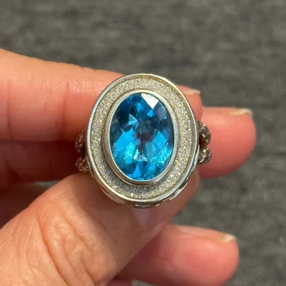 Sterling Silver Oval Blue Topaz Gemstone Ring w Braided & Chain Band, Sz 8 - Picture 8 of 8